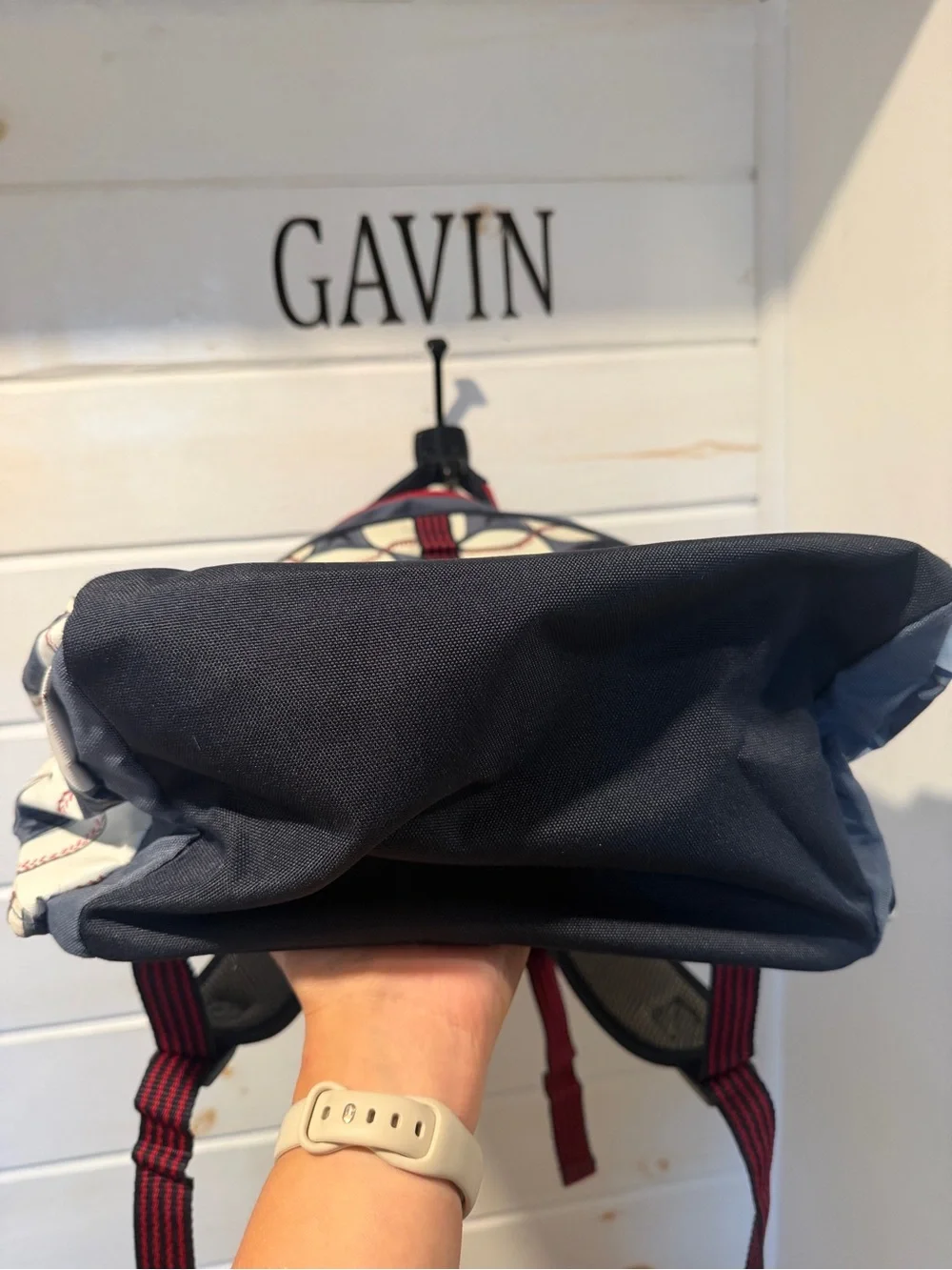 Pottery Barn Kids Navy, Gray & Red Baseball Pattern Backpack